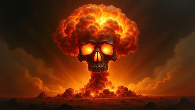 3D painting explosion mushroom cloud transforms into the silhouette of a skull fire and smoke sculpt the hollows of the skull