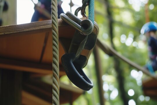 Metal clip attached to ropes and platform on forest adventure course