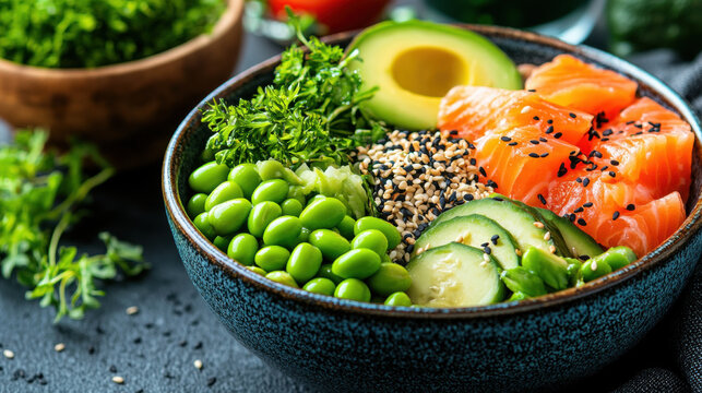 A colorful poke bowl featuring fresh salmon and avocado, perfect for food enthusiasts and healthy eating advocates.