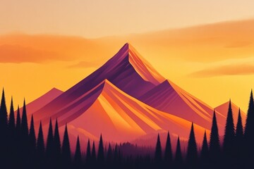 Vibrant sunset mountain illustration with geometric peaks and pine forest silhouette, modern landscape artwork in warm orange and purple tones