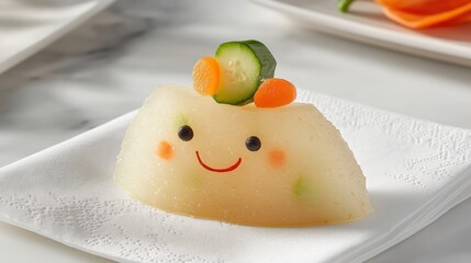 Cute veggie-topped dessert on a napkin