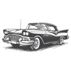 Hand-Drawn 1950s Convertible Vector – Sketch Style Vintage Car Illustration for T-Shirts, Stickers, and Posters.