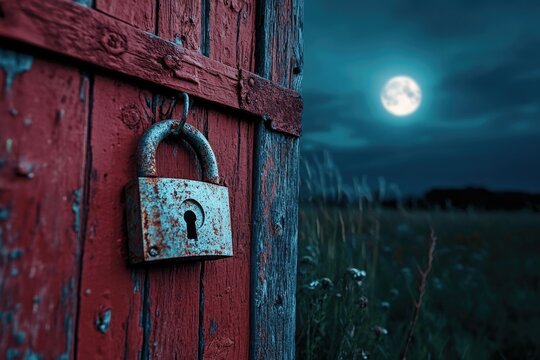 Rusty padlock secures a weathered red wooden door under a full moonlit night.