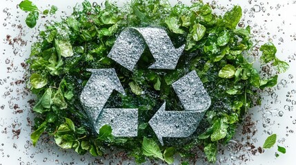 Embrace Earth: A refreshing illustration of the recycling symbol intertwined with vibrant foliage, symbolizes environmental consciousness and sustainable practices.