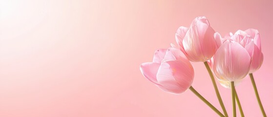 Obraz premium Delicate pink tulips gently bloom against a soft pastel pink background creating a serene and romantic floral image perfect for sp or feminine designs.