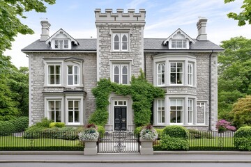 Fototapeta premium A gothic mansion for sale under a full moon, wrought iron gate and ivy-covered walls