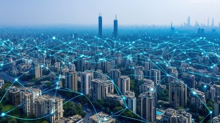Abstract futuristic smart city concept with glowing digital network connections over blue metropolis skyline, top view of interconnected urban infrastructure with data transfer visualization. Technolo