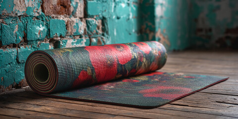 Rolled yoga mat with floral print rests on rustic wooden floor against teal brick wall, showcasing fitness, wellness, and healthy lifestyle