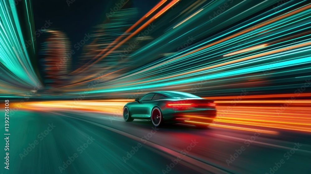 Poster dynamic car in motion with speed lines and blurred background creating a sense of movement and speed