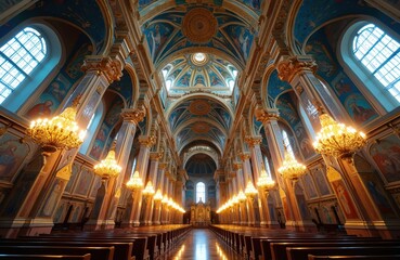 Obraz premium Interior church with high ceilings, golden chandeliers, paintings. Arches and architectural details. Religious building for worship. Light from windows. Symbol of faith, art, history, culture.