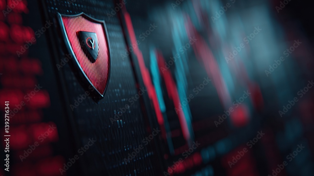 Poster red and gold shield icon on a dark digital background with red data streams.