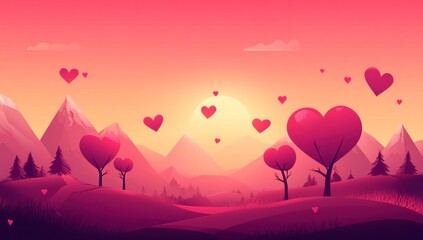 Lovely illustration depicting a romantic landscape with various heart shapes