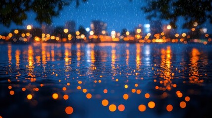 Rainy night city lights reflected on water.