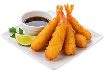 Tempura shrimp with dipping sauce and lime wedge
