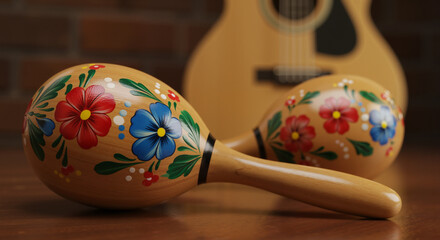 Painted Wooden Maracas with Floral Design Representing Latin Music Culture against Blurred Guitar Background, Guitar and Maracas