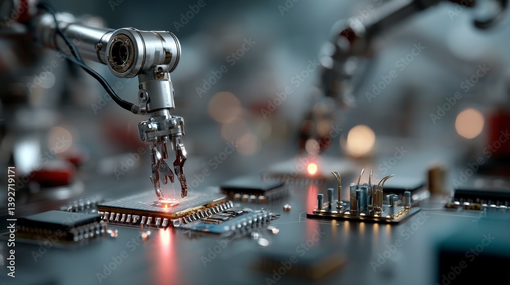 Poster robotic arm precisely placing a microchip onto a circuit board in a technologically advanced factory