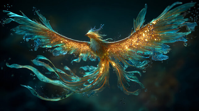 A being combining the traits of a phoenix with those of a glowing, deep-sea creature.  