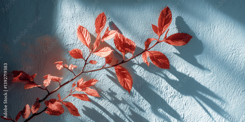Poster orange branch with leaves casts shadow on light-blue textured wall, creating a minimalist autumnal s