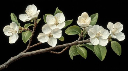 Delicate white apple blossoms on a branch against a black background.