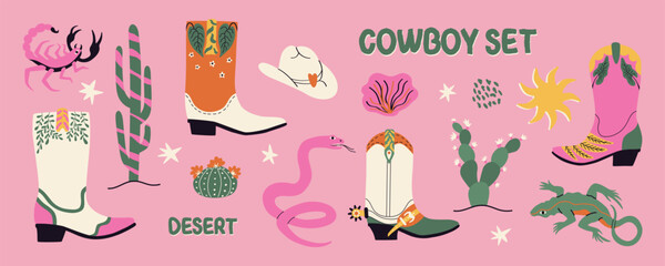 Wild west quirky cowboy set. Western groovy theme. Bundle with boots, hat, scorpion, lizard. Hand drawn vector illustration.