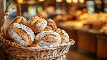 Artisanal Bread in a Wicker Basket on Bakery Counter