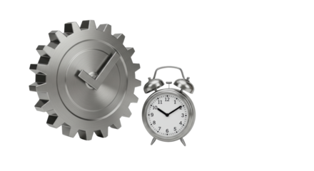 Isolated Silver Gear with Check Mark Next to Classic Alarm Clock