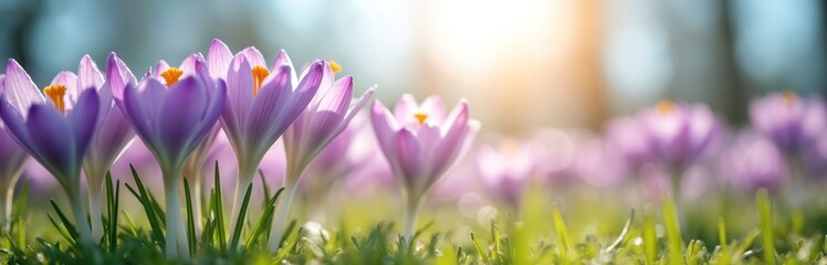 Obraz premium Close-up view spring crocus flowers. Lilac purple petals with green grass background. Nature scenery sunny day. Perfect floral beauty for spring, easter, gardening season.