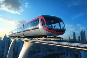 Modern elevated train traveling through a futuristic urban landscape at sunset
