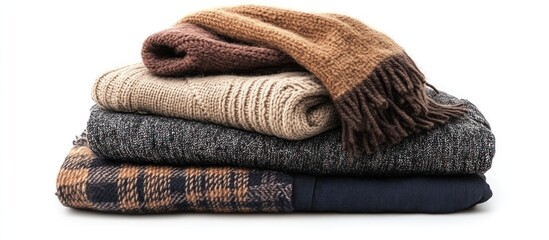 Stacked winter sweaters, white background