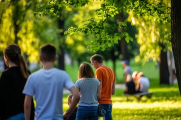 Naklejka premium People in a park, sunshine, trees, greenery, leisure, and casual day