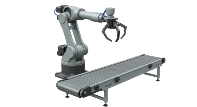 Isolated Industrial Robot Arm on Conveyor Belt