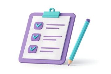 3D Clipboard with Checklist and Teal-Lavender Pencil