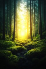 Obraz premium A serene forest scene illuminated by golden light, featuring tall trees and vibrant moss covering the ground, creating a tranquil and enchanting atmosphere.