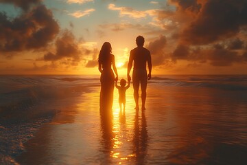 Fototapeta premium Family Silhouette at Sunset Beach: A Golden Moment of Love and Togetherness