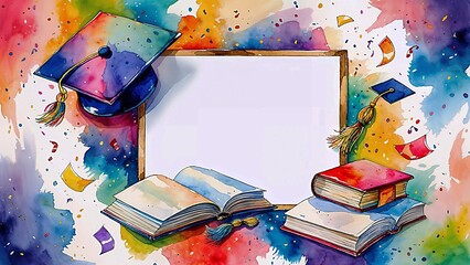 Obraz premium Colorful hand-painted watercolor graduation banner, elements include a mortarboard hat, open book, and scattered paper confetti, positioned to frame a clean empty space in the middle, no text 