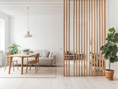 Openconcept loft with wooden slat room divider, functional and artistic touch