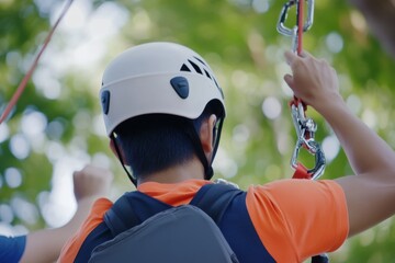 Person preparing for tree top adventure with helmet and safety gear