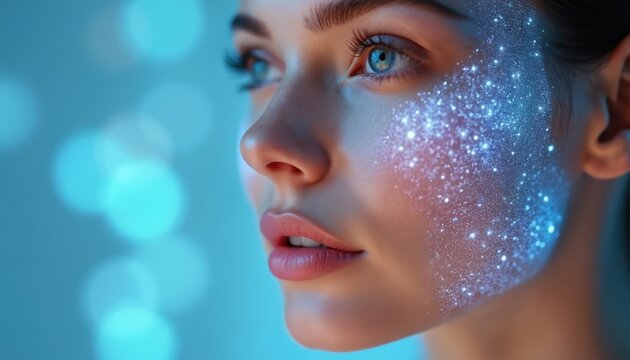 Beautiful woman with glowing skin and sparkling treatment results. Innovative beauty tech concept regenerates skin. Healthy flawless skin. Polynucleotide serum facial for skin rejuvenation.