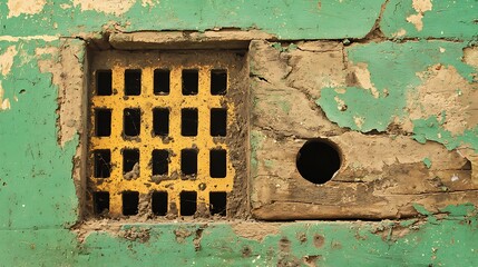 Wall vent with old peeling paint; textured background for industrial decay or urban textures use