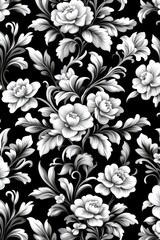 A black and white floral pattern featuring intricate peonies and leaves, creating a classic and elegant design.