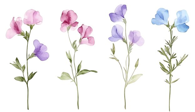 Watercolor sweet pea flowers, isolated on white. Floral design element for cards, invites