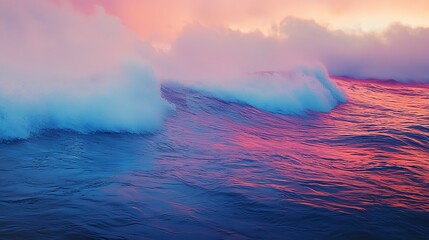 Fototapeta premium Wave crashes at sea; pink sunset sky in blurred backdrop. Ocean power for desktop wallpaper, meditation