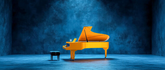 [Digital piano music performance scene] Piano Player in Stylized Stage Setting with Violin, Accordion, and Dark Blue Background