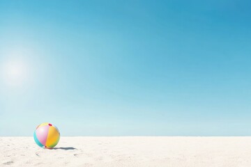 Naklejka premium capture minimalistic image of bright sandy beach under clear blue sky with single colorful beach ball slightly off-center
