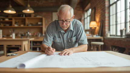 Experienced architect working on blueprints in cozy studio, showcasing creativity and focus in warm, inviting environment