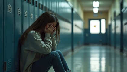 Obraz premium Upset girl sits in school hallway crying. Emotional young student feels grief after bullying. Adolescent social issues. Mental health concept. Generative AI art focuses on school abuse.