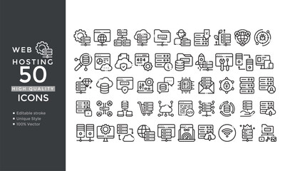 Web Hosting Line Icons – Cloud, Server, Security, Domain, Database