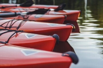Red kayaks align, reflected in water. Ready for adventure on the lake