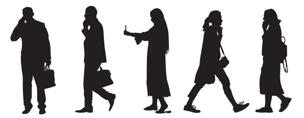 Silhouettes of businessmen and women talking on phones. Black items isolated on white background. Vector illustration.