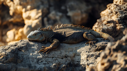 Obraz premium An iguana resting on sun-drenched rocks, its textured scales blending with the rugged terrain. A moment of stillness in the wild. Captivating reptile basking in natural light.